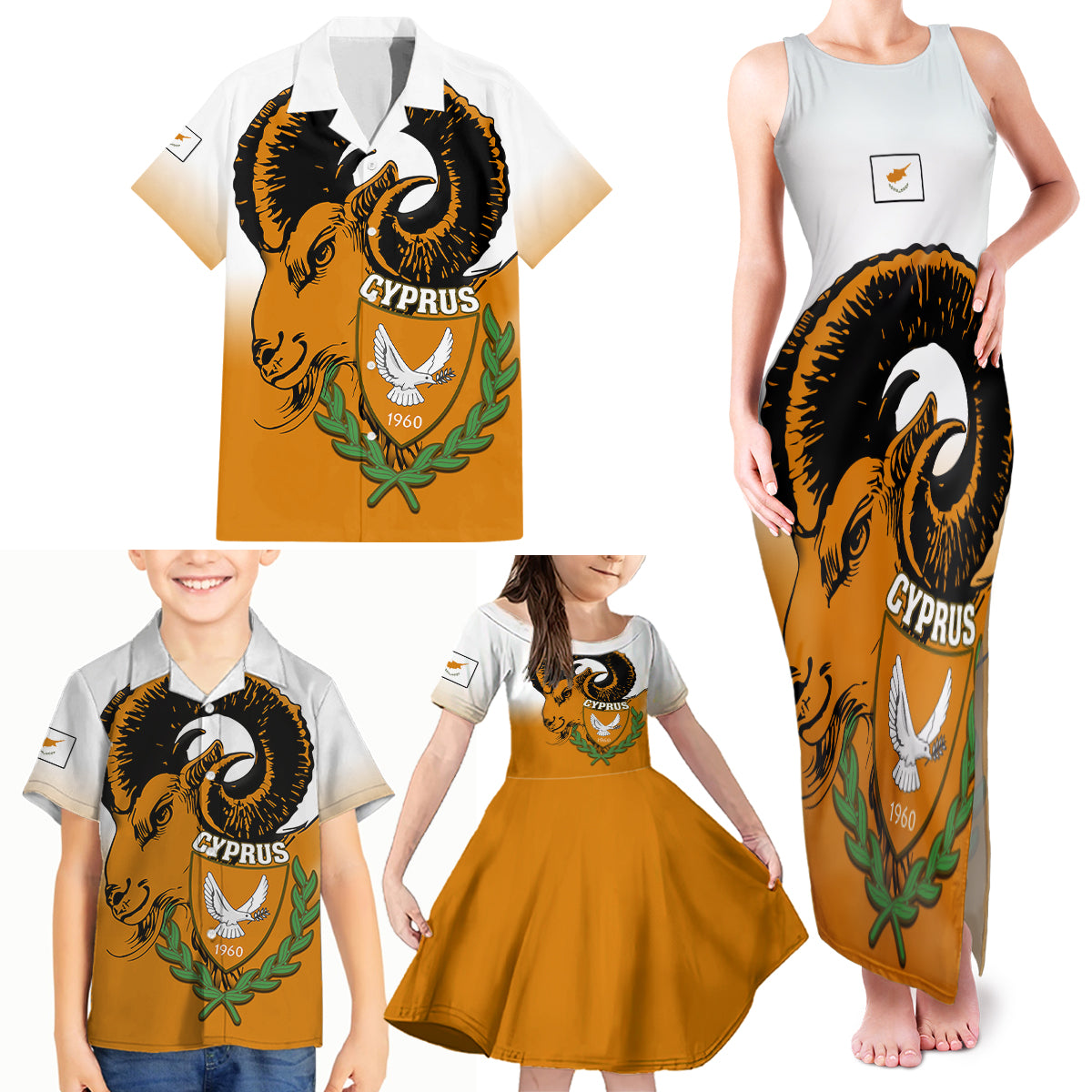 Personalised Cyprus Independence Day Family Matching Tank Maxi Dress and Hawaiian Shirt Coat Of Arms With Cypriot Mouflon Gradient Style - Wonder Print Shop