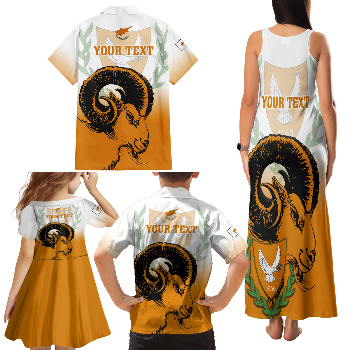 Personalised Cyprus Independence Day Family Matching Tank Maxi Dress and Hawaiian Shirt Coat Of Arms With Cypriot Mouflon Gradient Style - Wonder Print Shop