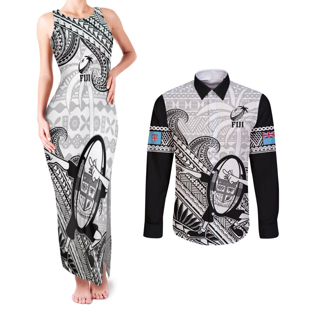 Fiji Tapa Rugby Couples Matching Tank Maxi Dress and Long Sleeve Button Shirts Flying Fijian 2023 World Cup With Dabbing Ball - Wonder Print Shop