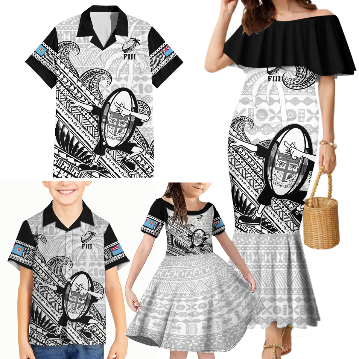 Fiji Tapa Rugby Family Matching Mermaid Dress and Hawaiian Shirt Flying Fijian 2023 World Cup With Dabbing Ball - Wonder Print Shop