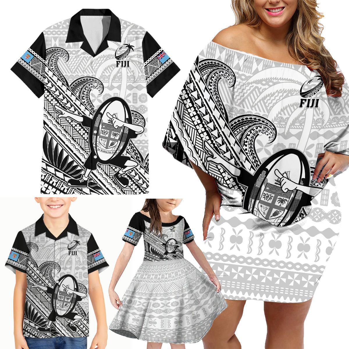 Fiji Tapa Rugby Family Matching Off Shoulder Short Dress and Hawaiian Shirt Flying Fijian 2023 World Cup With Dabbing Ball - Wonder Print Shop