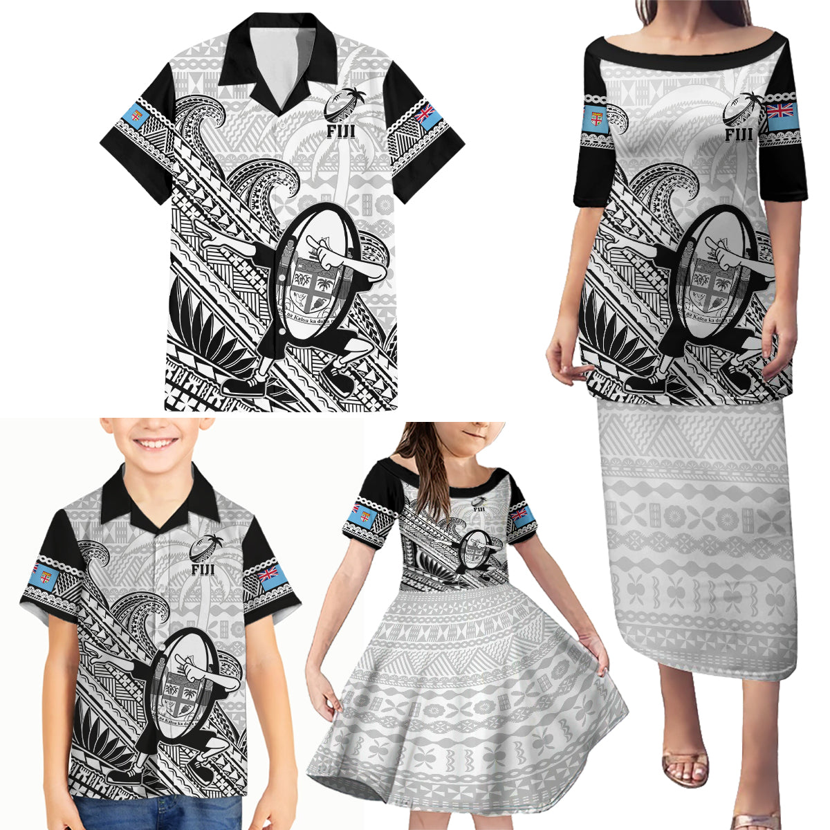 Fiji Tapa Rugby Family Matching Puletasi Dress and Hawaiian Shirt Flying Fijian 2023 World Cup With Dabbing Ball - Wonder Print Shop
