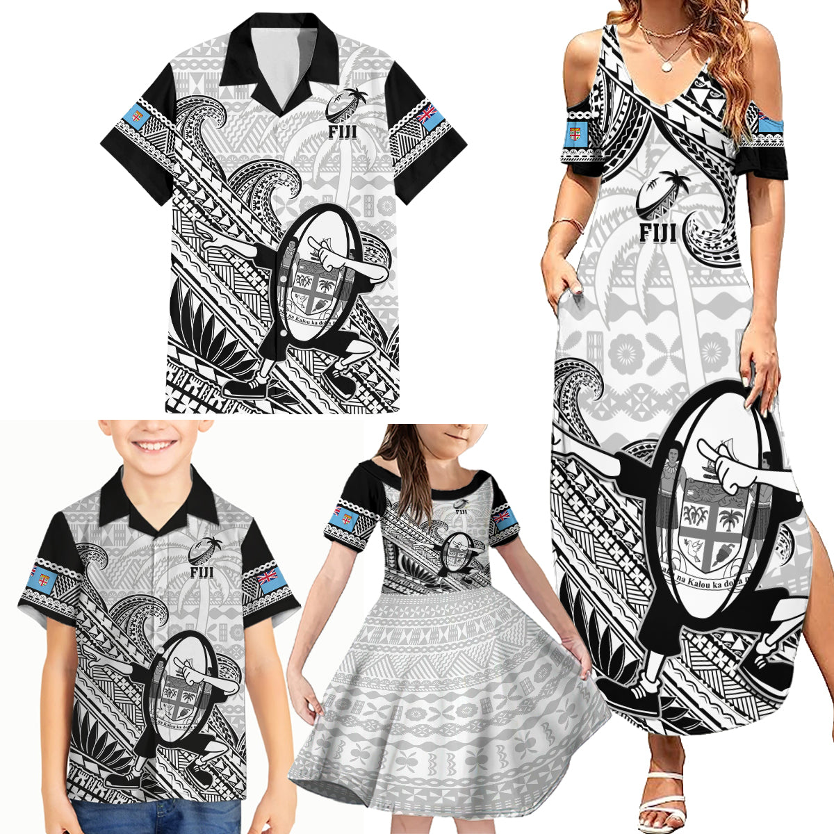Fiji Tapa Rugby Family Matching Summer Maxi Dress and Hawaiian Shirt Flying Fijian 2023 World Cup With Dabbing Ball - Wonder Print Shop