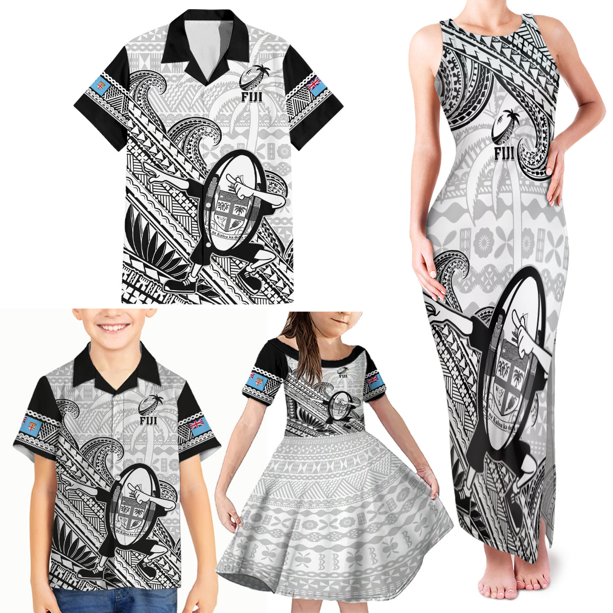 Fiji Tapa Rugby Family Matching Tank Maxi Dress and Hawaiian Shirt Flying Fijian 2023 World Cup With Dabbing Ball - Wonder Print Shop
