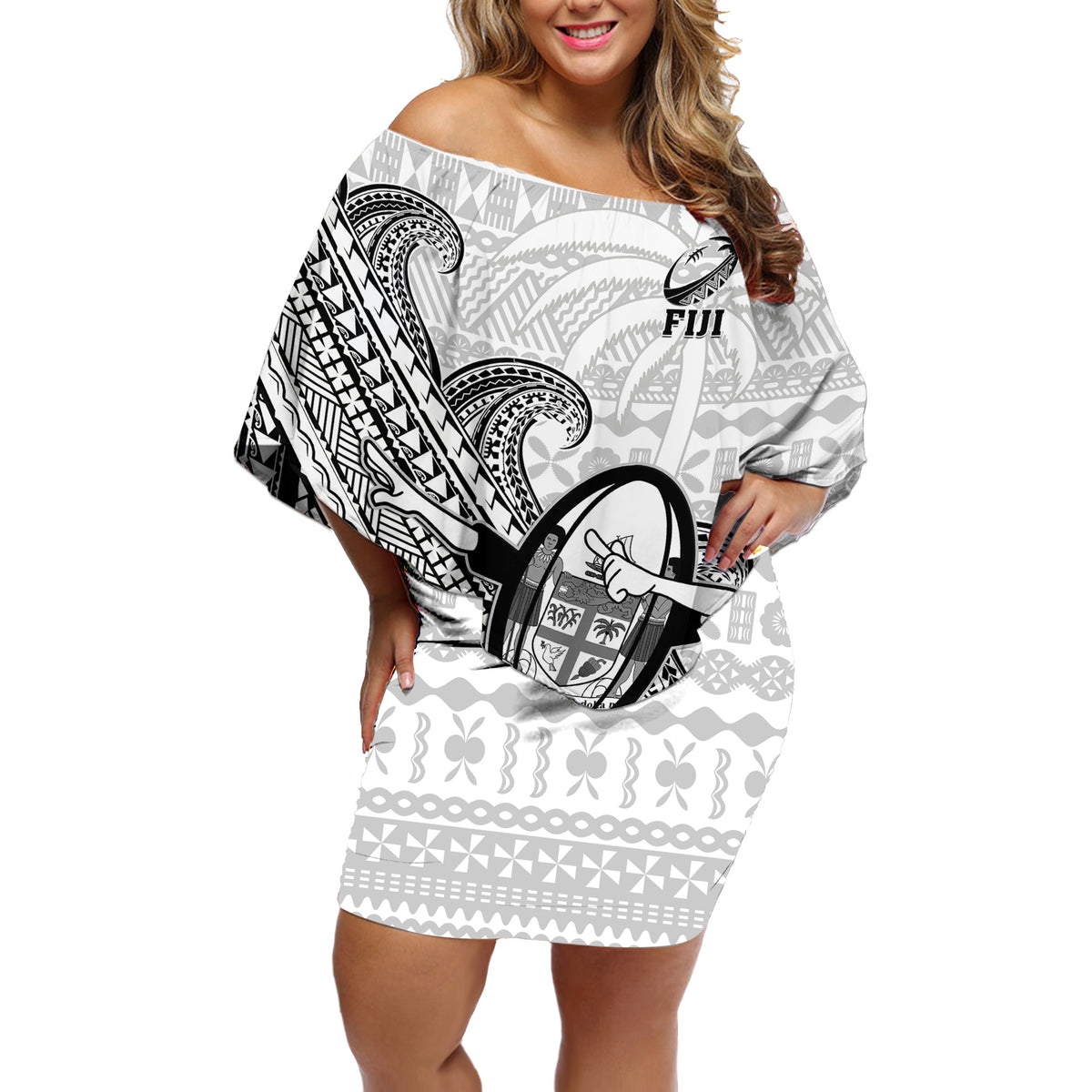 Fiji Tapa Rugby Off Shoulder Short Dress Flying Fijian 2023 World Cup With Dabbing Ball - Wonder Print Shop