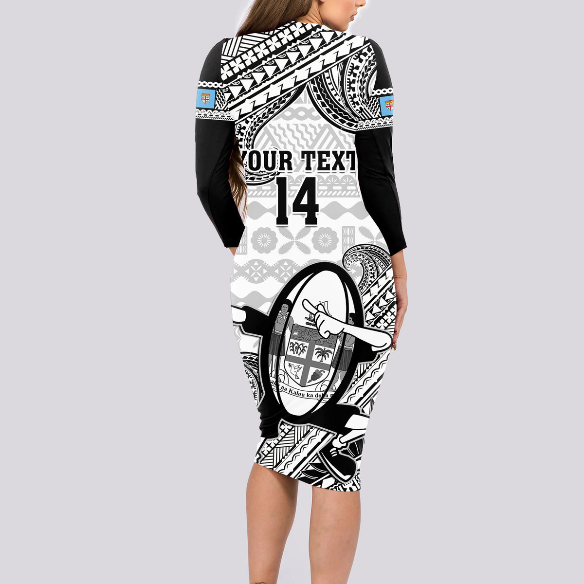 Custom Fiji Tapa Rugby Long Sleeve Bodycon Dress Flying Fijian 2023 World Cup With Dabbing Ball - Wonder Print Shop