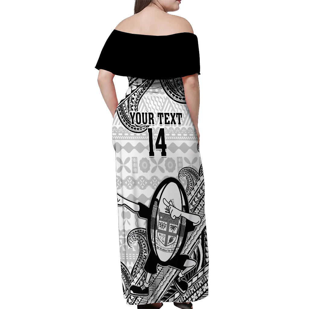 Custom Fiji Tapa Rugby Off Shoulder Maxi Dress Flying Fijian 2023 World Cup With Dabbing Ball - Wonder Print Shop