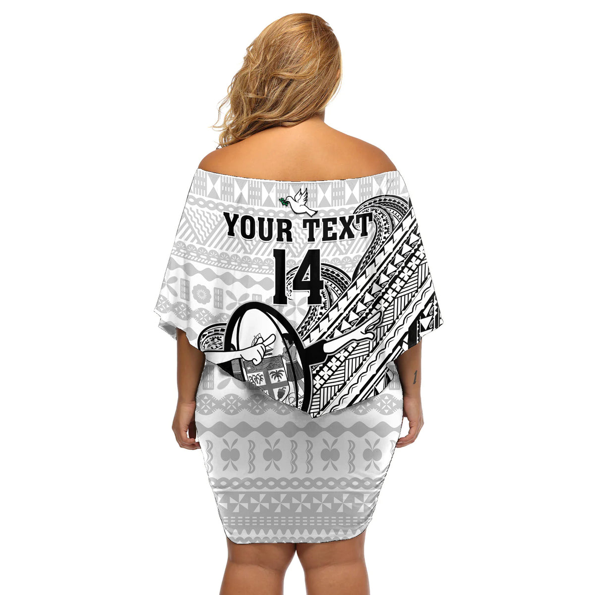 Custom Fiji Tapa Rugby Off Shoulder Short Dress Flying Fijian 2023 World Cup With Dabbing Ball - Wonder Print Shop