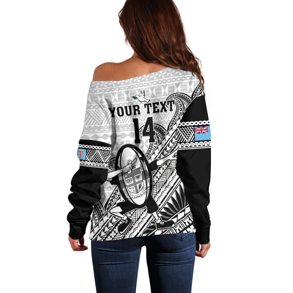 Custom Fiji Tapa Rugby Off Shoulder Sweater Flying Fijian 2023 World Cup With Dabbing Ball - Wonder Print Shop