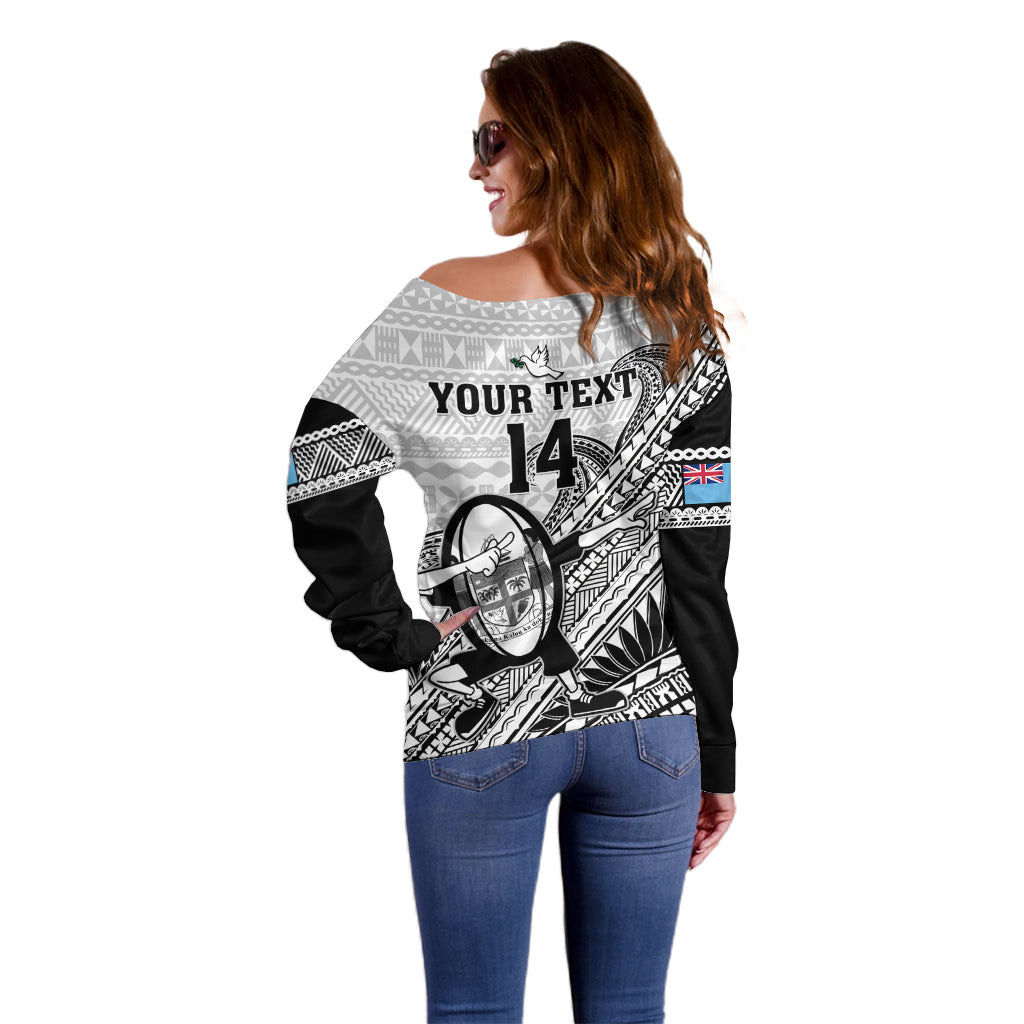 Custom Fiji Tapa Rugby Off Shoulder Sweater Flying Fijian 2023 World Cup With Dabbing Ball - Wonder Print Shop