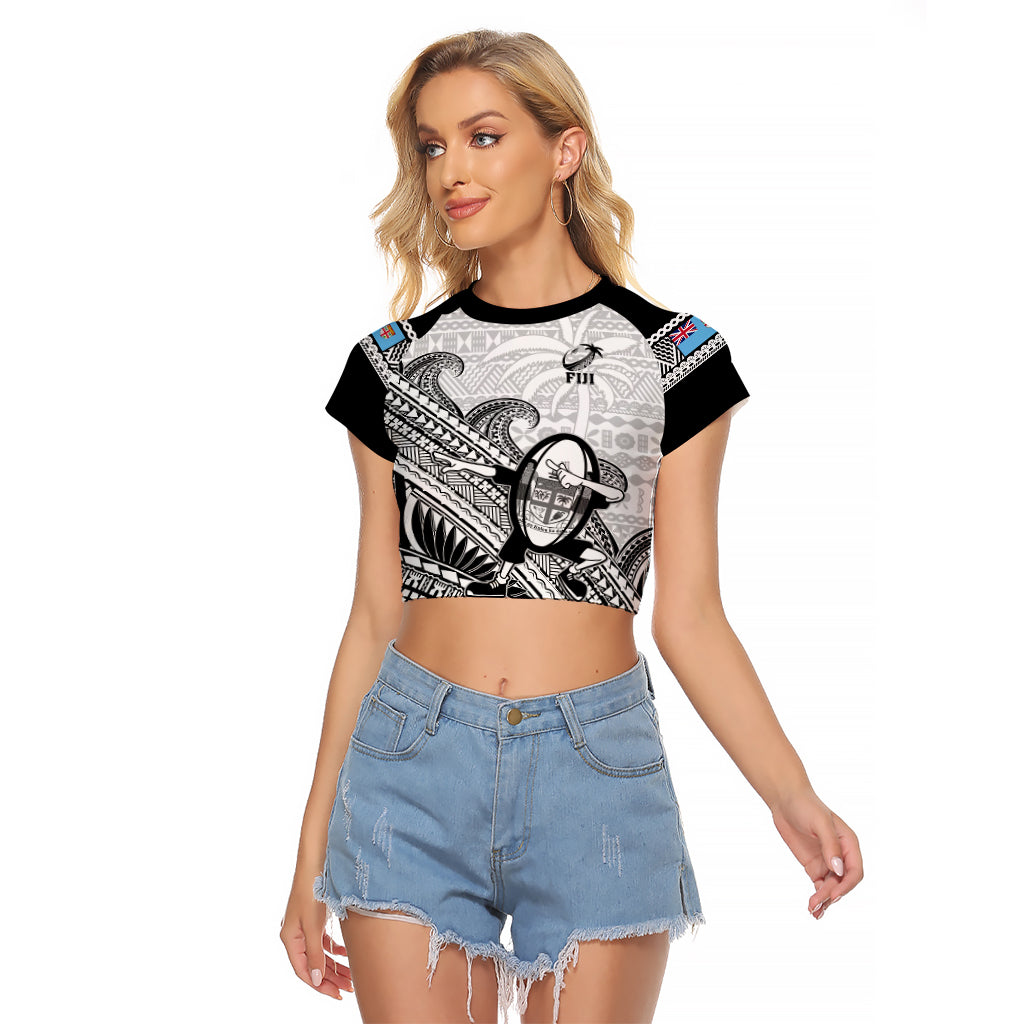 Custom Fiji Tapa Rugby Raglan Cropped T Shirt Flying Fijian 2023 World Cup With Dabbing Ball - Wonder Print Shop