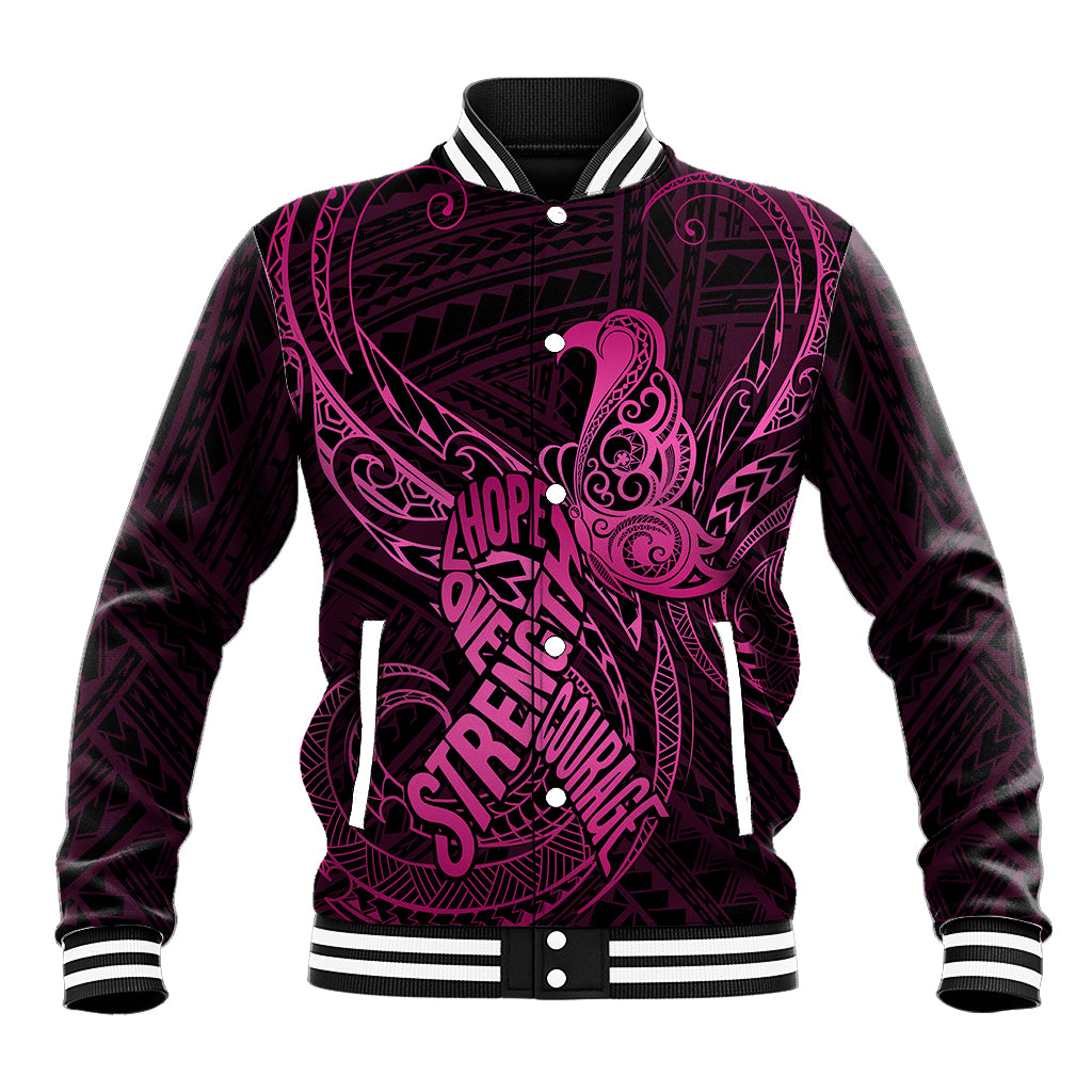 Polynesia Breast Cancer Awareness Baseball Jacket No One Fights Alone Pink Ribbon With Butterfly - Wonder Print Shop