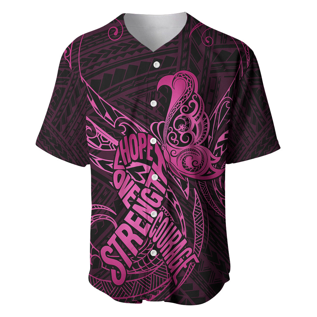 Polynesia Breast Cancer Awareness Baseball Jersey No One Fights Alone Pink Ribbon With Butterfly - Wonder Print Shop