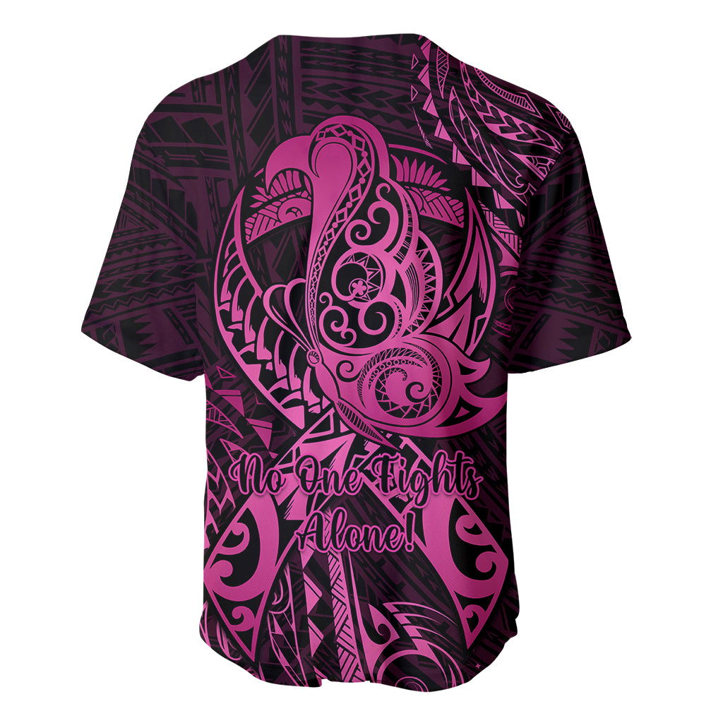 Polynesia Breast Cancer Awareness Baseball Jersey No One Fights Alone Pink Ribbon With Butterfly - Wonder Print Shop