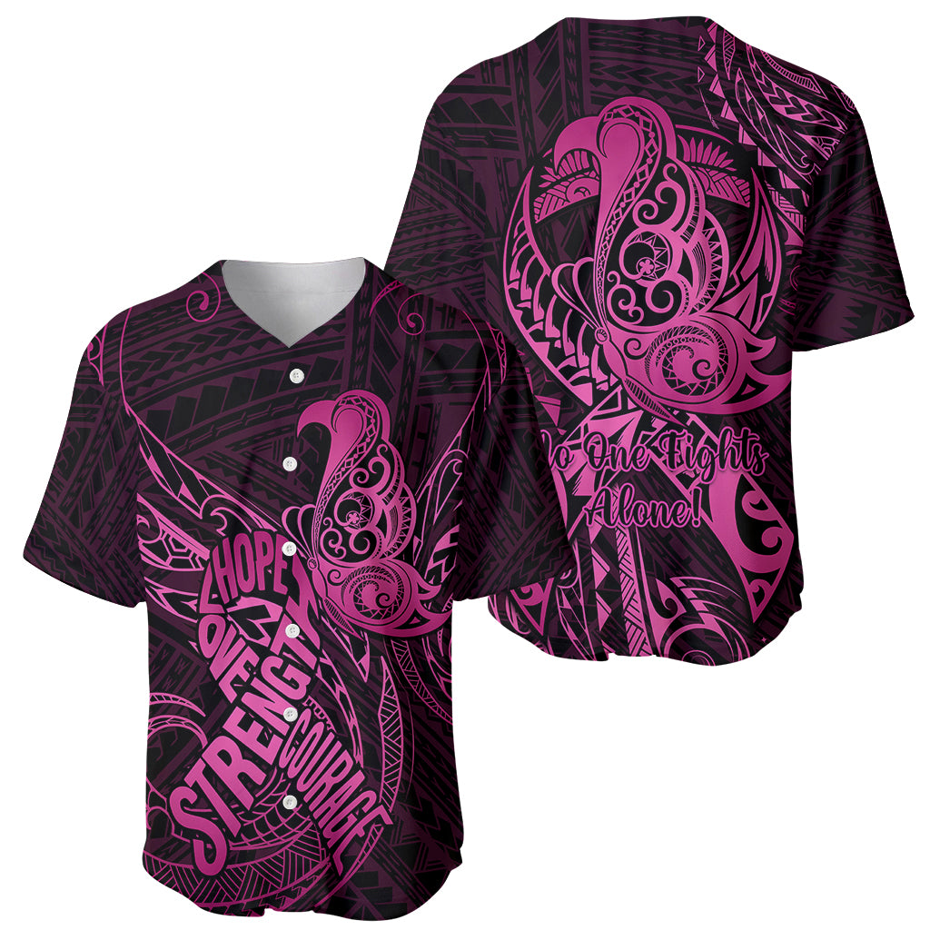 Polynesia Breast Cancer Awareness Baseball Jersey No One Fights Alone Pink Ribbon With Butterfly - Wonder Print Shop