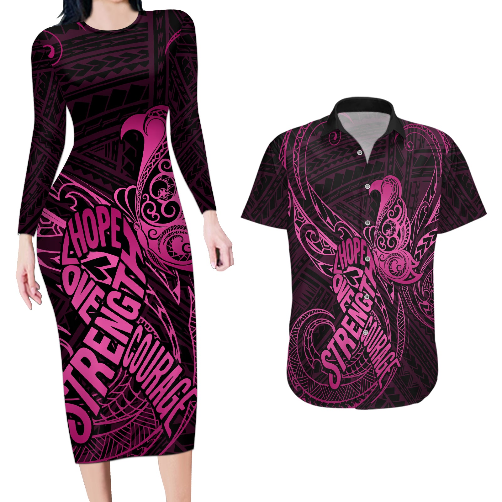Polynesia Breast Cancer Awareness Couples Matching Long Sleeve Bodycon Dress and Hawaiian Shirt No One Fights Alone Pink Ribbon With Butterfly - Wonder Print Shop