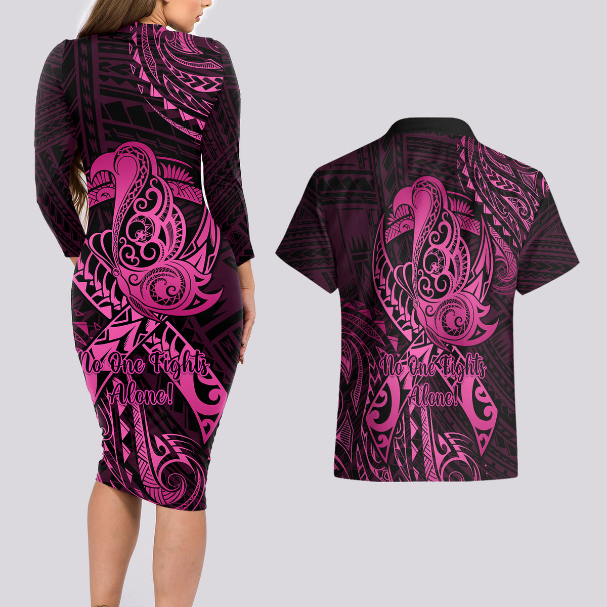 Polynesia Breast Cancer Awareness Couples Matching Long Sleeve Bodycon Dress and Hawaiian Shirt No One Fights Alone Pink Ribbon With Butterfly - Wonder Print Shop