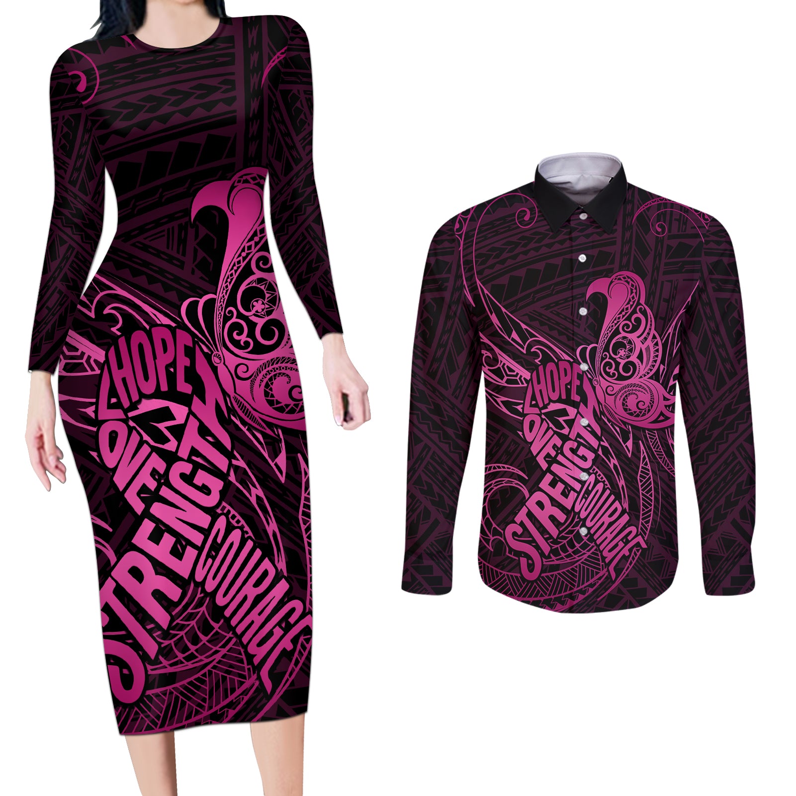Polynesia Breast Cancer Awareness Couples Matching Long Sleeve Bodycon Dress and Long Sleeve Button Shirts No One Fights Alone Pink Ribbon With Butterfly - Wonder Print Shop
