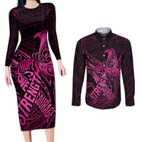 Polynesia Breast Cancer Awareness Couples Matching Long Sleeve Bodycon Dress and Long Sleeve Button Shirts No One Fights Alone Pink Ribbon With Butterfly - Wonder Print Shop