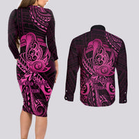 Polynesia Breast Cancer Awareness Couples Matching Long Sleeve Bodycon Dress and Long Sleeve Button Shirts No One Fights Alone Pink Ribbon With Butterfly - Wonder Print Shop
