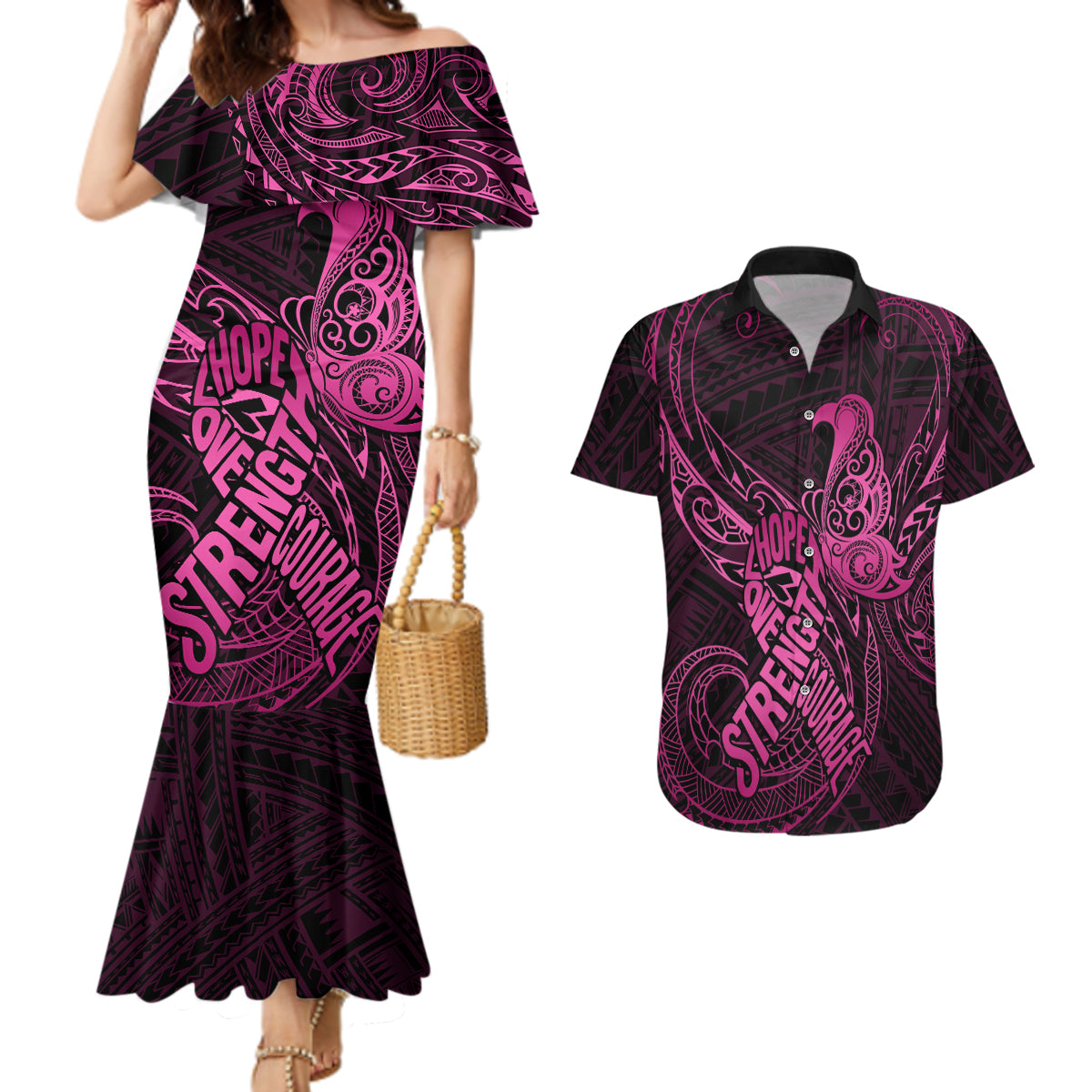 Polynesia Breast Cancer Awareness Couples Matching Mermaid Dress and Hawaiian Shirt No One Fights Alone Pink Ribbon With Butterfly - Wonder Print Shop