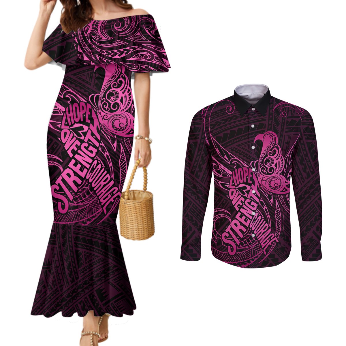 polynesia-breast-cancer-awareness-couples-matching-mermaid-dress-and-long-sleeve-button-shirts-no-one-fights-alone-pink-ribbon-with-butterfly