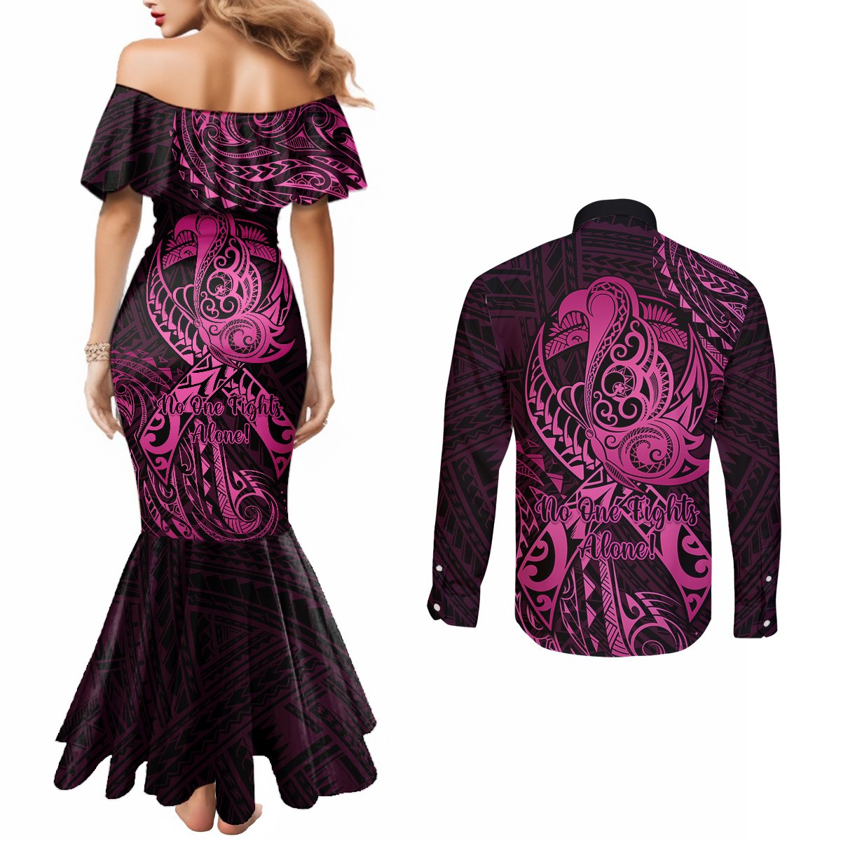 polynesia-breast-cancer-awareness-couples-matching-mermaid-dress-and-long-sleeve-button-shirts-no-one-fights-alone-pink-ribbon-with-butterfly