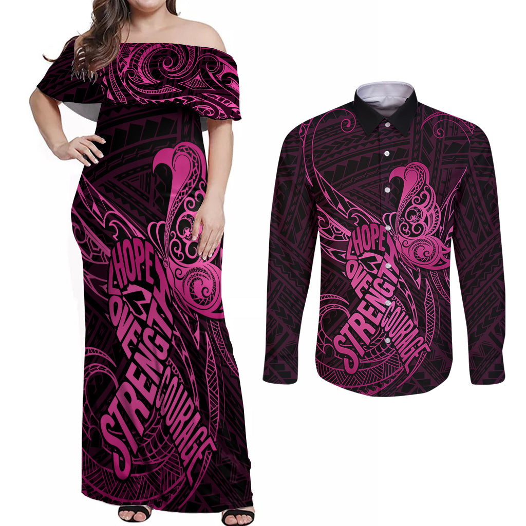Polynesia Breast Cancer Awareness Couples Matching Off Shoulder Maxi Dress and Long Sleeve Button Shirts No One Fights Alone Pink Ribbon With Butterfly - Wonder Print Shop