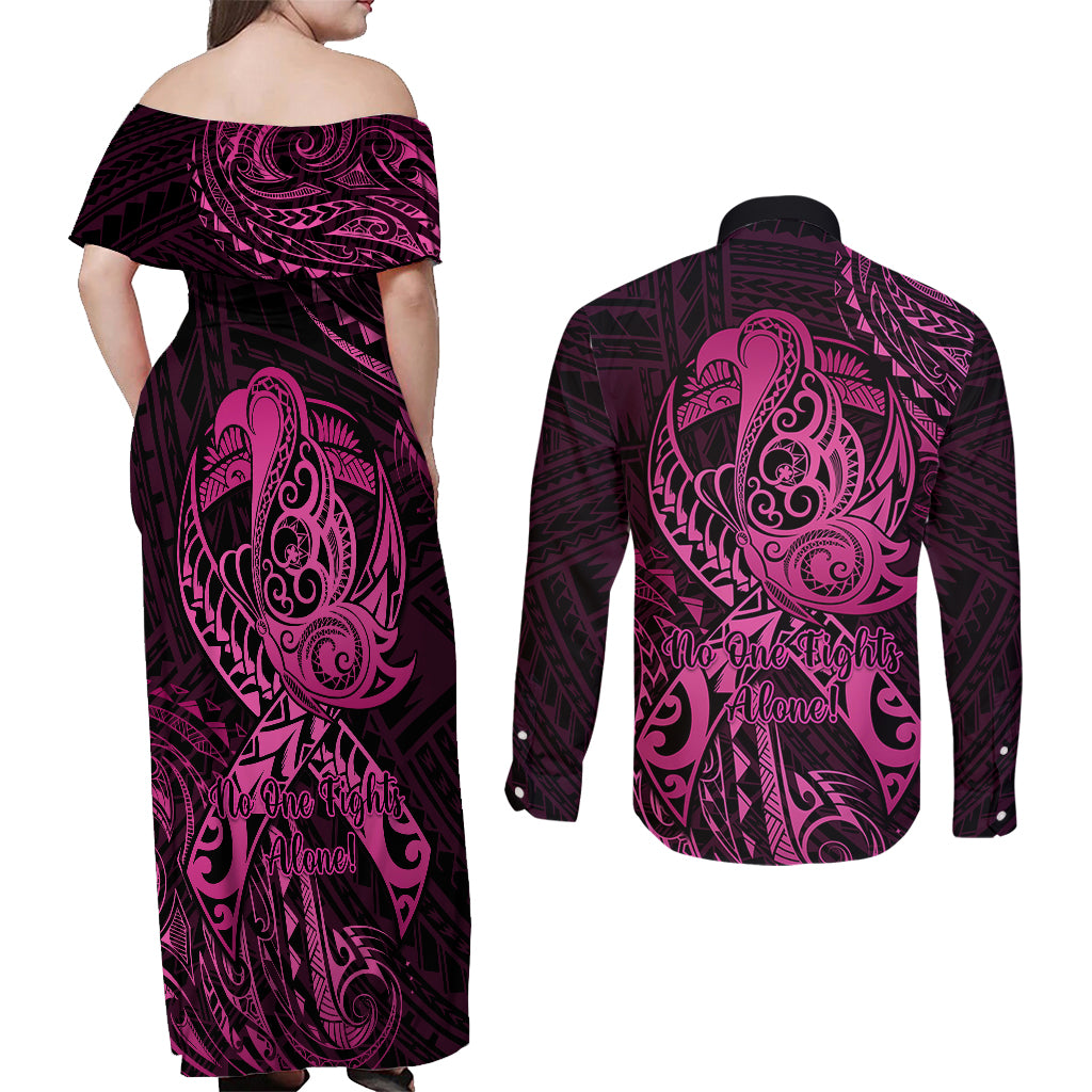 Polynesia Breast Cancer Awareness Couples Matching Off Shoulder Maxi Dress and Long Sleeve Button Shirts No One Fights Alone Pink Ribbon With Butterfly - Wonder Print Shop