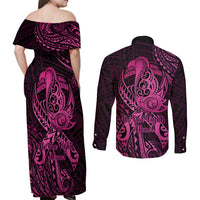 Polynesia Breast Cancer Awareness Couples Matching Off Shoulder Maxi Dress and Long Sleeve Button Shirts No One Fights Alone Pink Ribbon With Butterfly - Wonder Print Shop