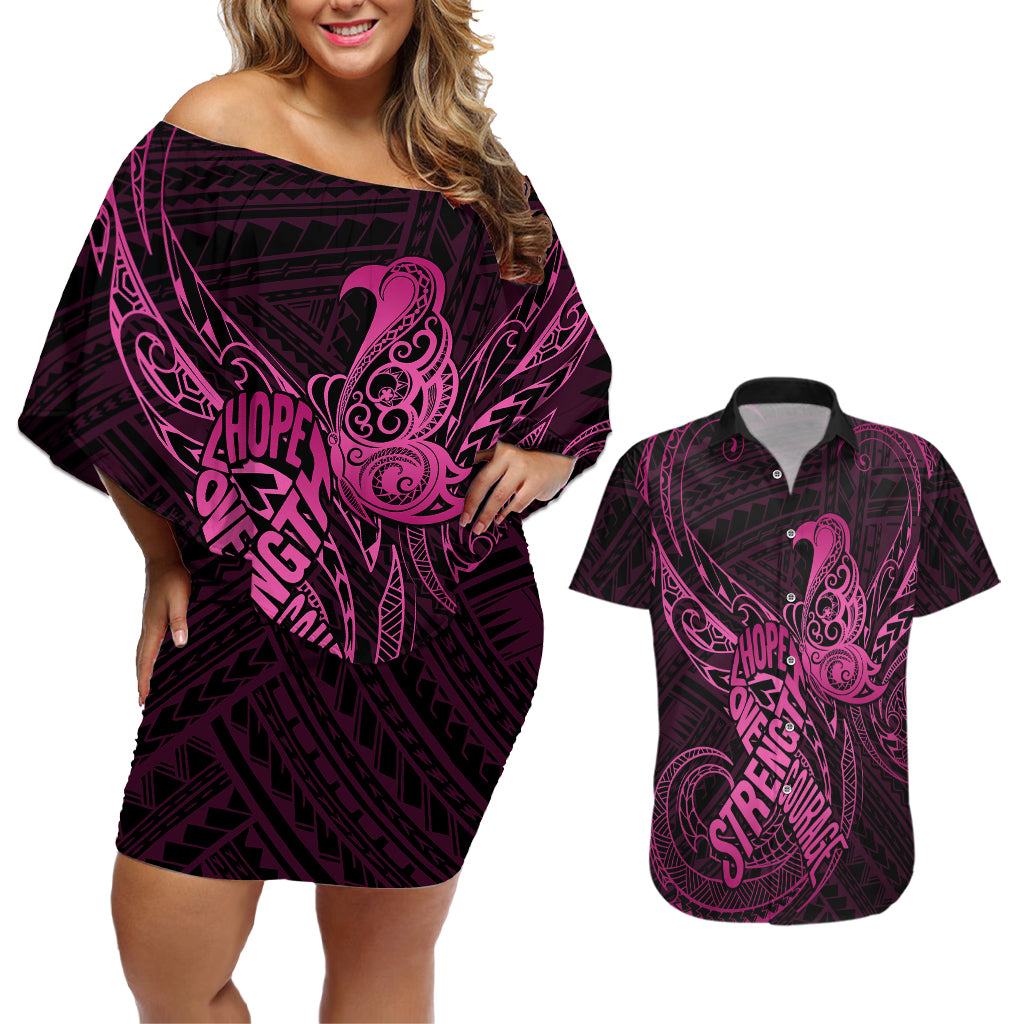 Polynesia Breast Cancer Awareness Couples Matching Off Shoulder Short Dress and Hawaiian Shirt No One Fights Alone Pink Ribbon With Butterfly - Wonder Print Shop