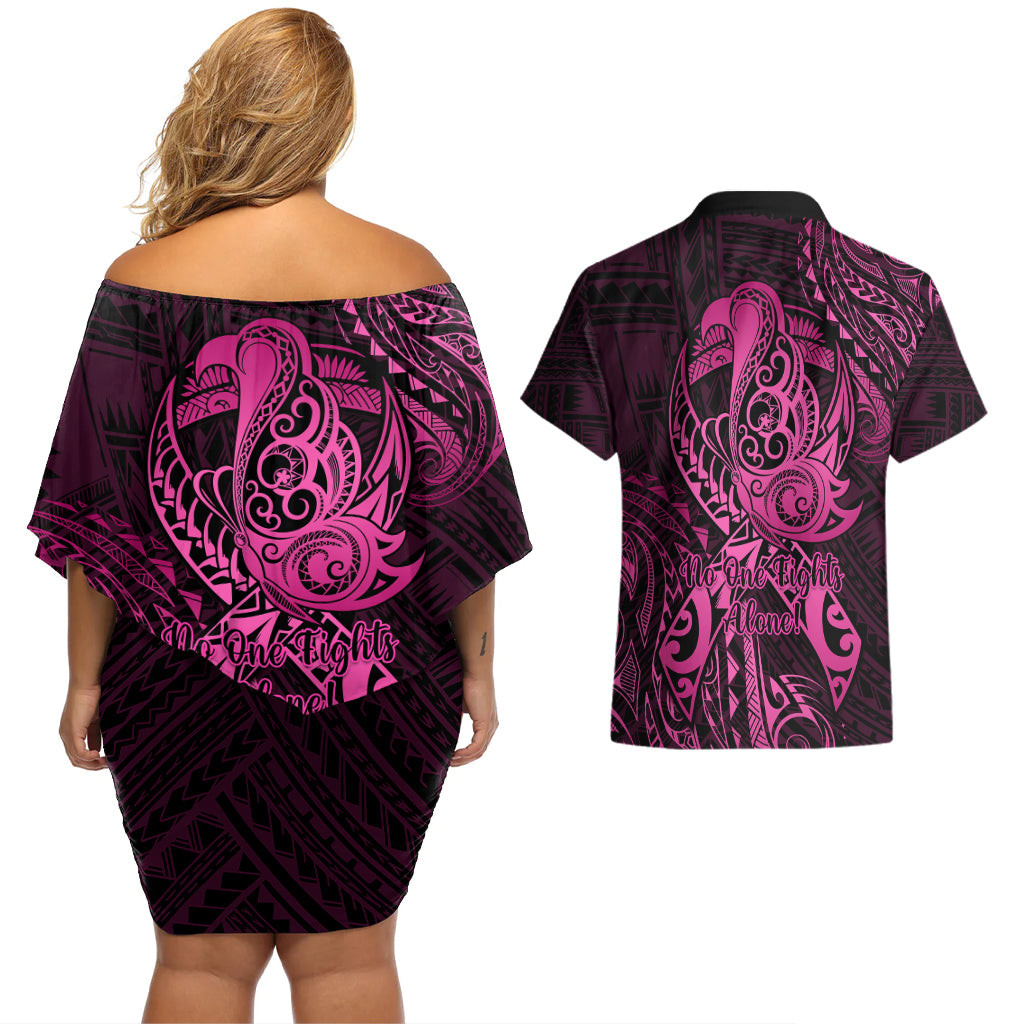 Polynesia Breast Cancer Awareness Couples Matching Off Shoulder Short Dress and Hawaiian Shirt No One Fights Alone Pink Ribbon With Butterfly - Wonder Print Shop