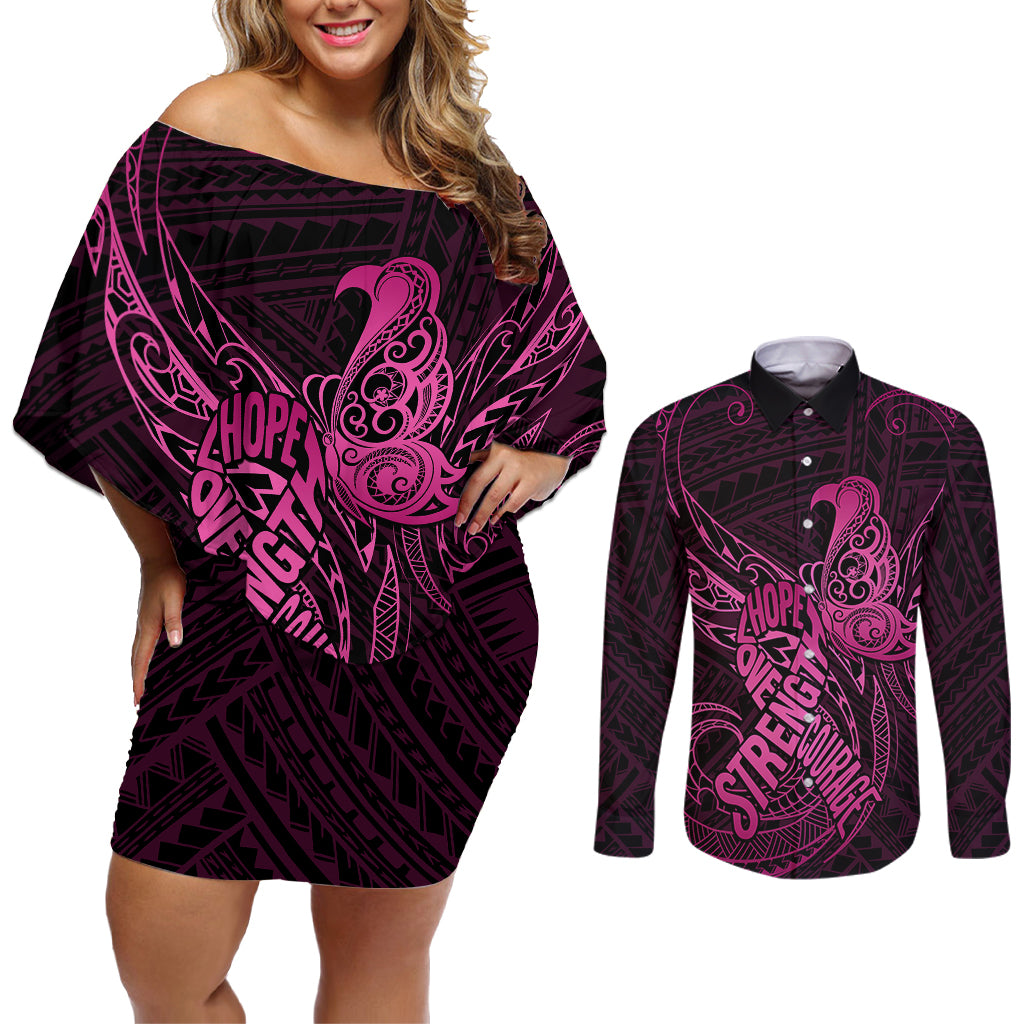 Polynesia Breast Cancer Awareness Couples Matching Off Shoulder Short Dress and Long Sleeve Button Shirts No One Fights Alone Pink Ribbon With Butterfly - Wonder Print Shop