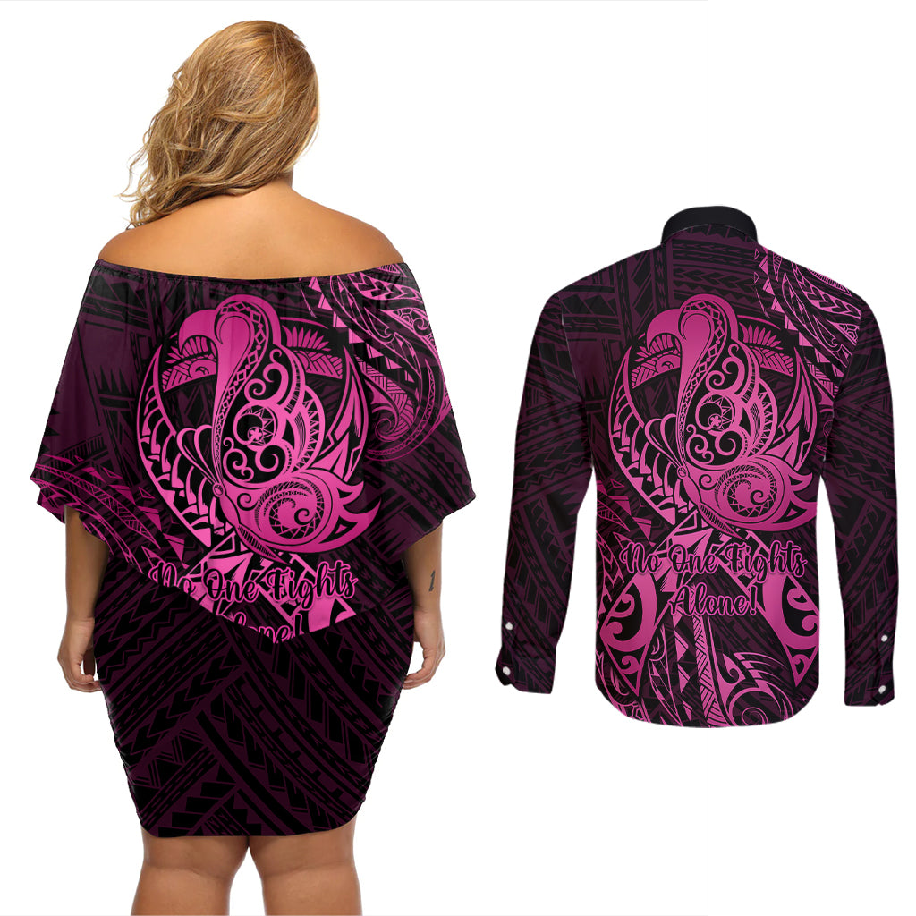 Polynesia Breast Cancer Awareness Couples Matching Off Shoulder Short Dress and Long Sleeve Button Shirts No One Fights Alone Pink Ribbon With Butterfly - Wonder Print Shop
