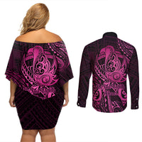 Polynesia Breast Cancer Awareness Couples Matching Off Shoulder Short Dress and Long Sleeve Button Shirts No One Fights Alone Pink Ribbon With Butterfly - Wonder Print Shop