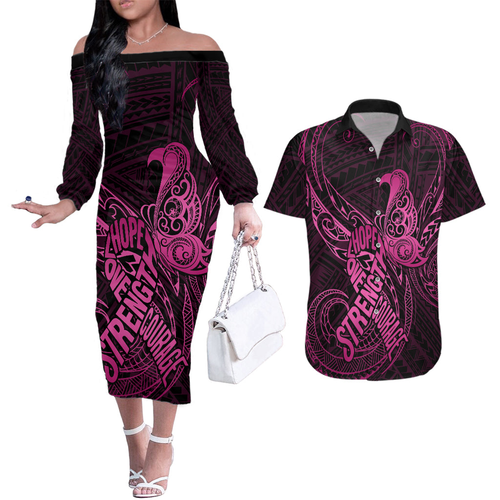Polynesia Breast Cancer Awareness Couples Matching Off The Shoulder Long Sleeve Dress and Hawaiian Shirt No One Fights Alone Pink Ribbon With Butterfly - Wonder Print Shop