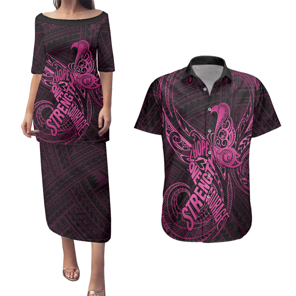Polynesia Breast Cancer Awareness Couples Matching Puletasi Dress and Hawaiian Shirt No One Fights Alone Pink Ribbon With Butterfly - Wonder Print Shop