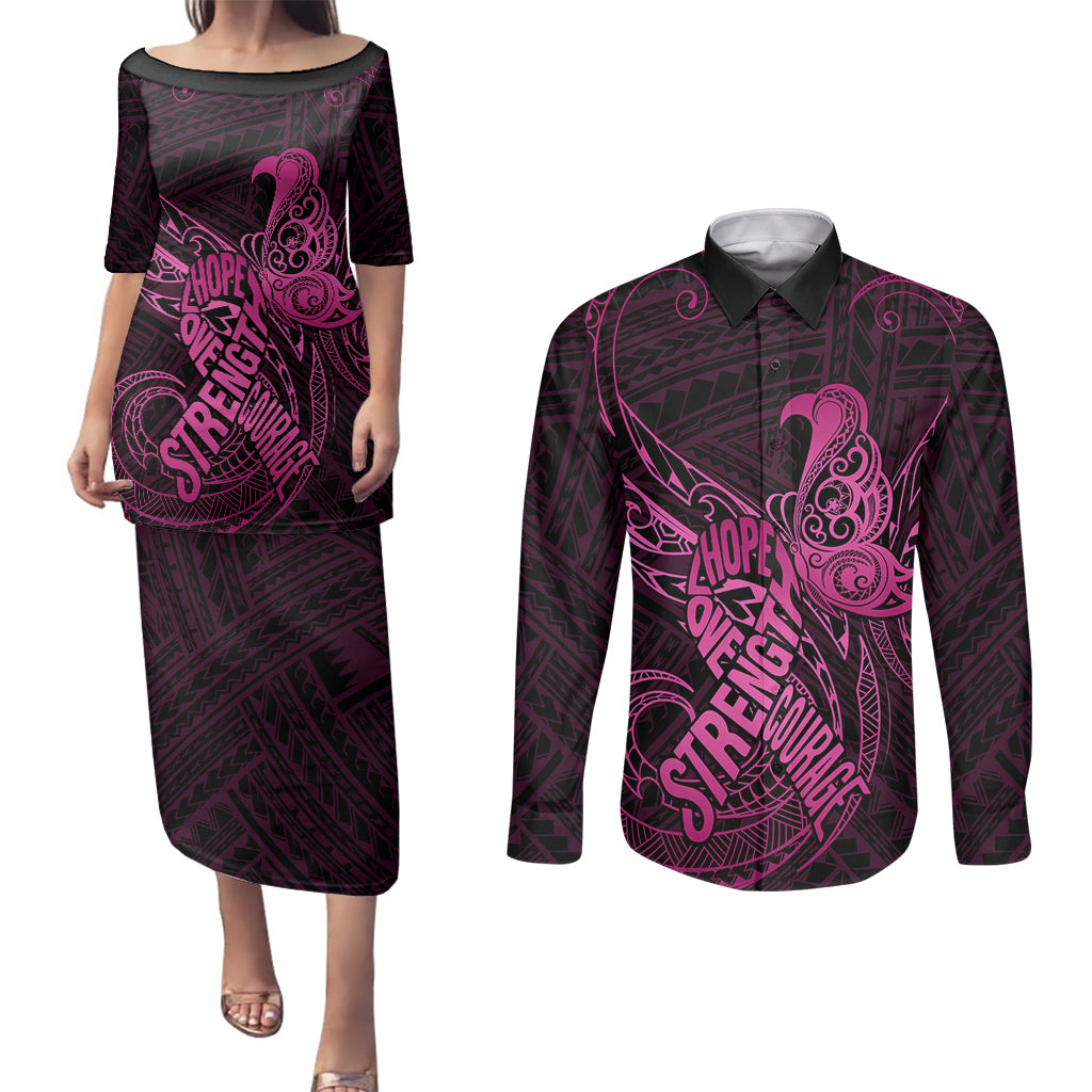 Polynesia Breast Cancer Awareness Couples Matching Puletasi Dress and Long Sleeve Button Shirts No One Fights Alone Pink Ribbon With Butterfly - Wonder Print Shop