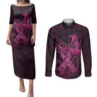 Polynesia Breast Cancer Awareness Couples Matching Puletasi Dress and Long Sleeve Button Shirts No One Fights Alone Pink Ribbon With Butterfly - Wonder Print Shop