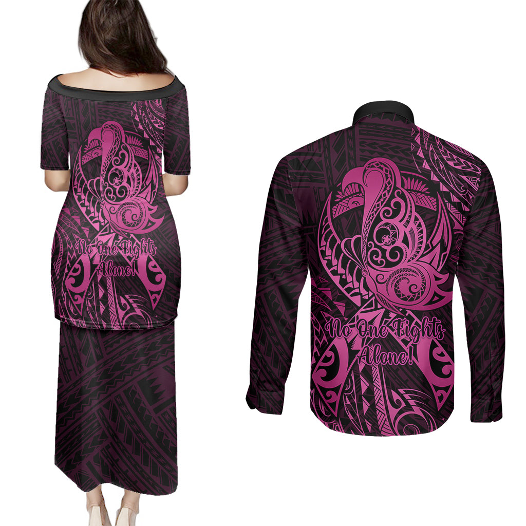 Polynesia Breast Cancer Awareness Couples Matching Puletasi Dress and Long Sleeve Button Shirts No One Fights Alone Pink Ribbon With Butterfly - Wonder Print Shop