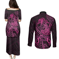 Polynesia Breast Cancer Awareness Couples Matching Puletasi Dress and Long Sleeve Button Shirts No One Fights Alone Pink Ribbon With Butterfly - Wonder Print Shop