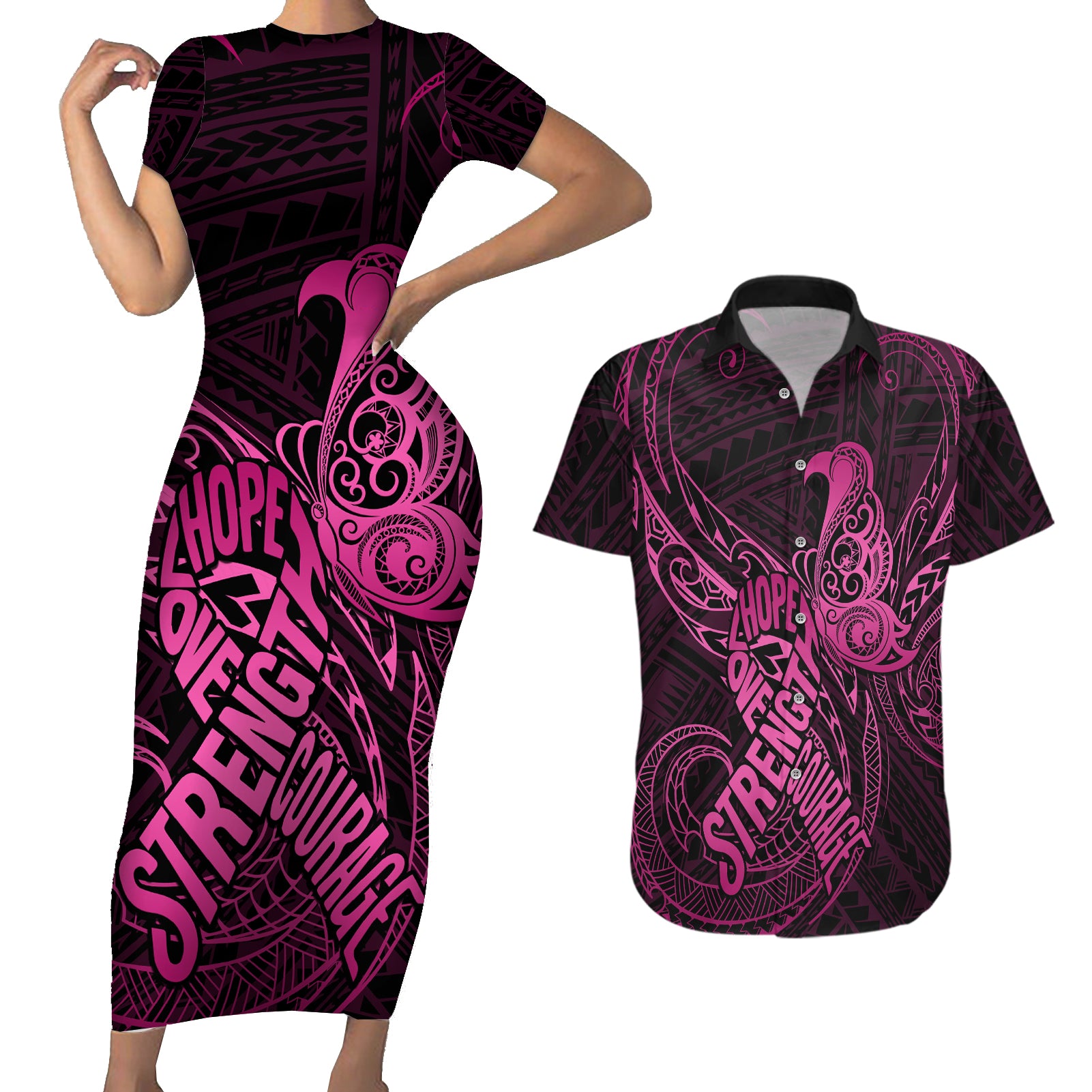 Polynesia Breast Cancer Awareness Couples Matching Short Sleeve Bodycon Dress and Hawaiian Shirt No One Fights Alone Pink Ribbon With Butterfly - Wonder Print Shop