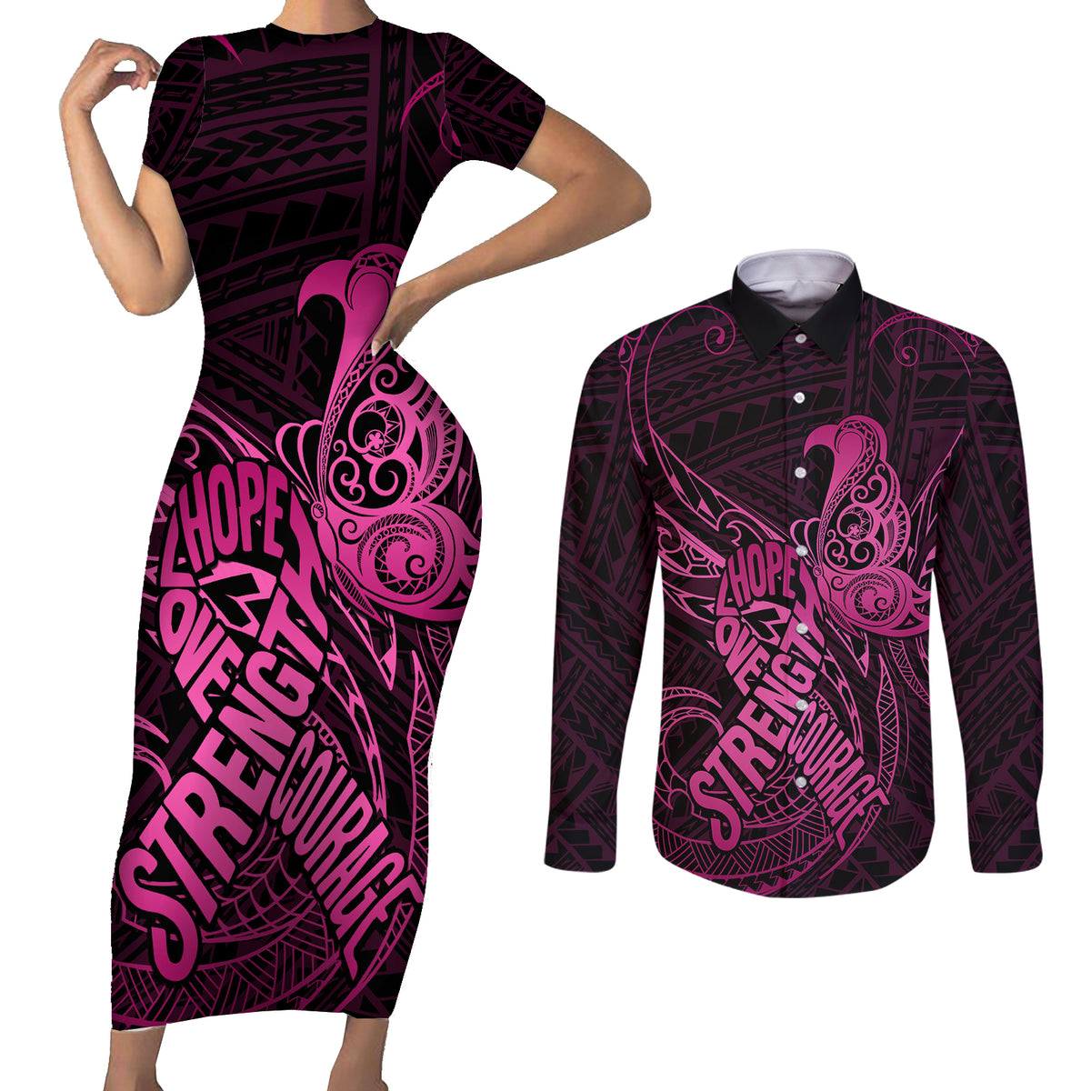 Polynesia Breast Cancer Awareness Couples Matching Short Sleeve Bodycon Dress and Long Sleeve Button Shirts No One Fights Alone Pink Ribbon With Butterfly - Wonder Print Shop