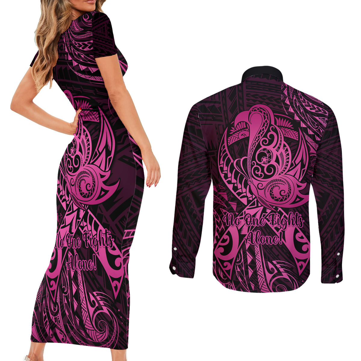 Polynesia Breast Cancer Awareness Couples Matching Short Sleeve Bodycon Dress and Long Sleeve Button Shirts No One Fights Alone Pink Ribbon With Butterfly - Wonder Print Shop