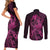 Polynesia Breast Cancer Awareness Couples Matching Short Sleeve Bodycon Dress and Long Sleeve Button Shirts No One Fights Alone Pink Ribbon With Butterfly - Wonder Print Shop