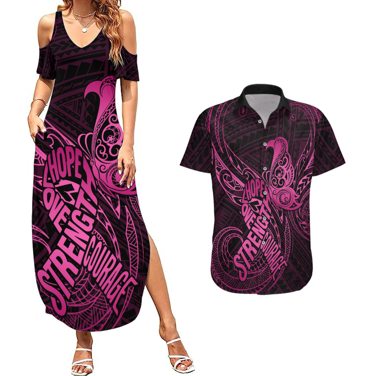 Polynesia Breast Cancer Awareness Couples Matching Summer Maxi Dress and Hawaiian Shirt No One Fights Alone Pink Ribbon With Butterfly - Wonder Print Shop