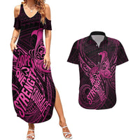 Polynesia Breast Cancer Awareness Couples Matching Summer Maxi Dress and Hawaiian Shirt No One Fights Alone Pink Ribbon With Butterfly - Wonder Print Shop