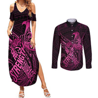 Polynesia Breast Cancer Awareness Couples Matching Summer Maxi Dress and Long Sleeve Button Shirts No One Fights Alone Pink Ribbon With Butterfly - Wonder Print Shop