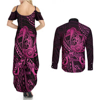 Polynesia Breast Cancer Awareness Couples Matching Summer Maxi Dress and Long Sleeve Button Shirts No One Fights Alone Pink Ribbon With Butterfly - Wonder Print Shop