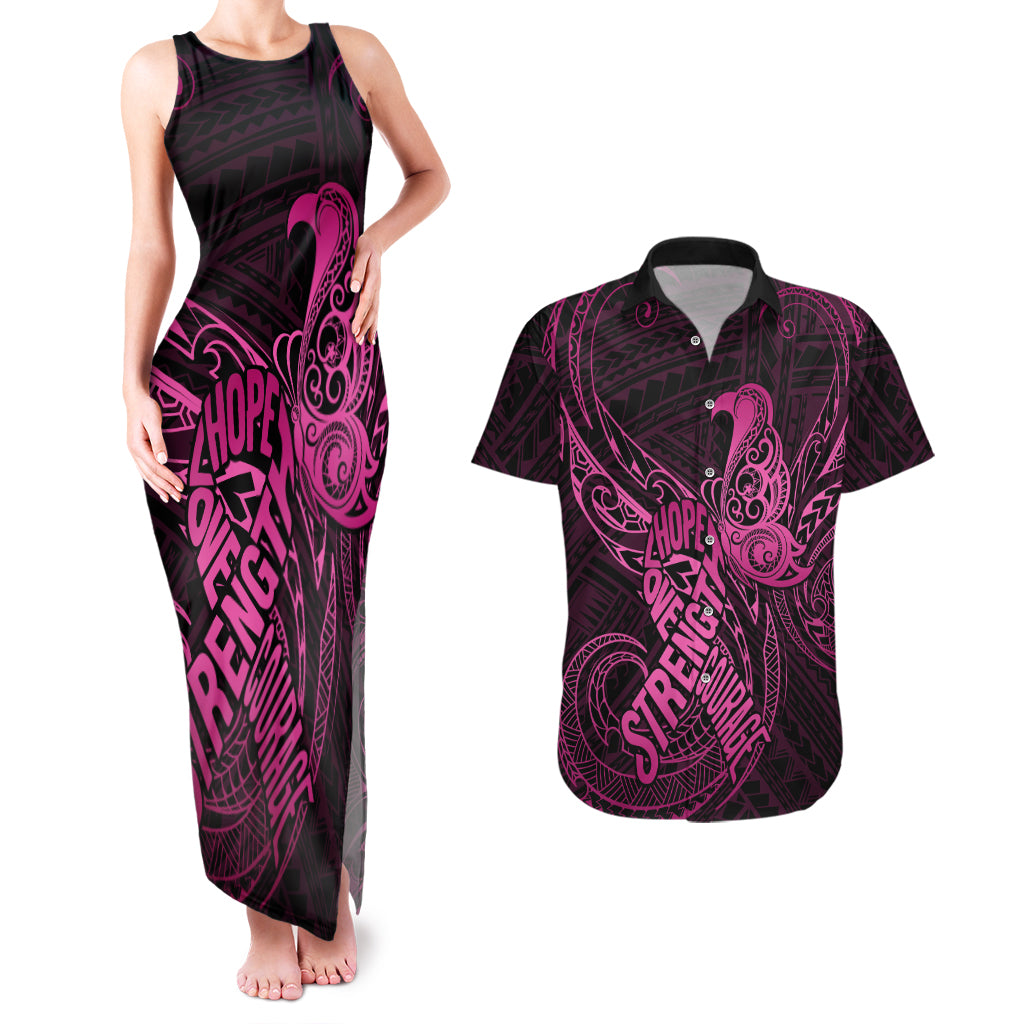 Polynesia Breast Cancer Awareness Couples Matching Tank Maxi Dress and Hawaiian Shirt No One Fights Alone Pink Ribbon With Butterfly - Wonder Print Shop